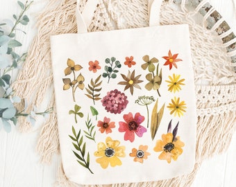 Wildflower Canvas Tote Bag, Watercolor Floral Design