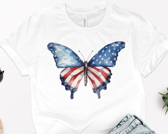 American Flag Butterfly Graphic Tee, 4th Of July Shirt