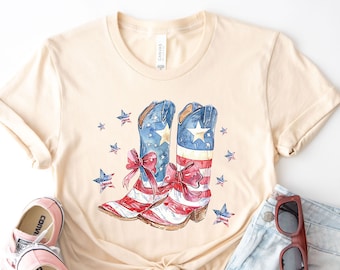 American Flag Cowboy Boots T-Shirt, 4th of July Coquette Tee