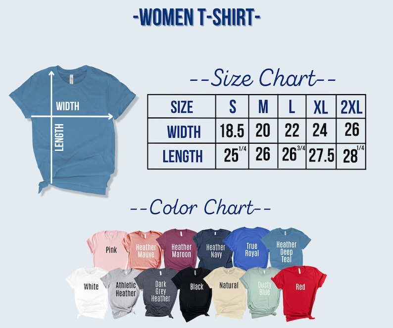 K&ouml;nnte beinhalten: Ein hellblaues T-Shirt mit einer Gr&ouml;&szlig;entabelle und einer Farbtabelle. Die Gr&ouml;&szlig;entabelle zeigt Ma&szlig;e f&uuml;r die Gr&ouml;&szlig;en S bis 2XL, mit Breiten von 47 bis 66 cm und L&auml;ngen von 64 bis 71 cm. Die Farbtabelle zeigt verschiedene T-Shirt-Farben.