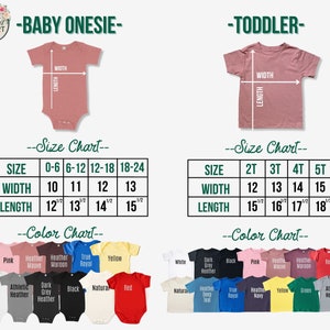 Puede incluir: Tabla de tallas para bodys de beb&eacute; y camisetas para ni&ntilde;os peque&ntilde;os. La tabla muestra las medidas de ancho y largo en pulgadas para diferentes tallas. La tabla de colores muestra una variedad de colores disponibles para los bodys y las camisetas.