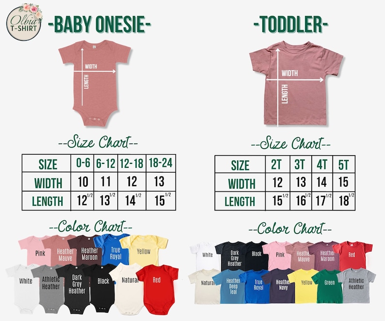 Puede incluir: Tabla de tallas para bodys de beb&eacute; y camisetas para ni&ntilde;os peque&ntilde;os. La tabla muestra las medidas de ancho y largo en pulgadas para diferentes tallas. La tabla de colores muestra una variedad de colores disponibles para los bodys y las camisetas.
