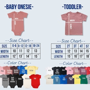 K&ouml;nnte beinhalten: Produktbild mit Baby-Bodys und T-Shirts f&uuml;r Kleinkinder, zusammen mit Gr&ouml;&szlig;en- und Farbtabellen. Die Gr&ouml;&szlig;entabellen zeigen Ma&szlig;e in Zoll. Die Farbtabelle zeigt eine Auswahl an Farben. Das Bild soll Kunden bei der Auswahl helfen.