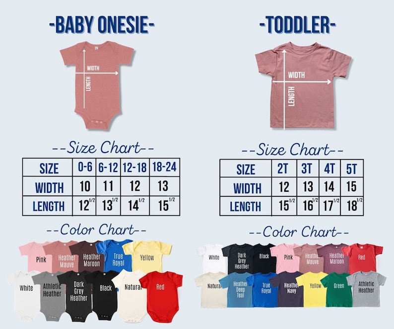 K&ouml;nnte beinhalten: Produktbild mit Baby-Bodys und T-Shirts f&uuml;r Kleinkinder, zusammen mit Gr&ouml;&szlig;en- und Farbtabellen. Die Gr&ouml;&szlig;entabellen zeigen Ma&szlig;e in Zoll. Die Farbtabelle zeigt eine Auswahl an Farben. Das Bild soll Kunden bei der Auswahl helfen.