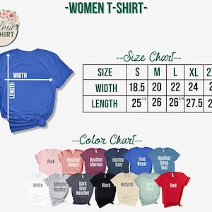 Puede incluir: Una tabla de tallas para camisetas de mujer con medidas en pulgadas. La tabla muestra el ancho y la longitud de las camisetas en las tallas S, M, L, XL y 2XL. Una tabla de colores muestra los colores disponibles para las camisetas, incluyendo rosa, malva jaspeado, granate jaspeado, azul marino jaspeado, azul real, azul turquesa jaspeado oscuro, blanco, jaspeado atl&eacute;tico, jaspeado gris oscuro, negro, natural, azul polvoriento y rojo.