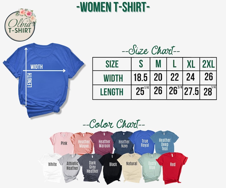Puede incluir: Una tabla de tallas para camisetas de mujer con medidas en pulgadas. La tabla muestra el ancho y la longitud de las camisetas en las tallas S, M, L, XL y 2XL. Una tabla de colores muestra los colores disponibles para las camisetas, incluyendo rosa, malva jaspeado, granate jaspeado, azul marino jaspeado, azul real, azul turquesa jaspeado oscuro, blanco, jaspeado atl&eacute;tico, jaspeado gris oscuro, negro, natural, azul polvoriento y rojo.