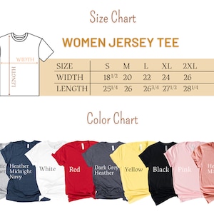 May include: Size chart for women's jersey tees with measurements in inches. Color chart showing 10 different colors of tees: Athletic Heather, Heather Midnight Navy, White, Red, Dark Grey Heather, Yellow, Black, Pink, Heather Mauve.