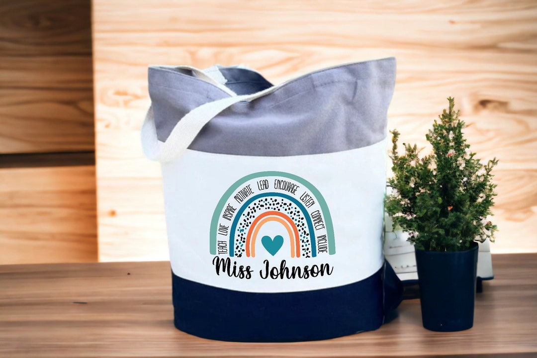 Personalized Teacher Tote Bag, Rainbow Canvas Tri Color Design - Etsy
