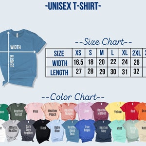 K&ouml;nnte beinhalten: Hellblaues Unisex-T-Shirt mit einer Gr&ouml;&szlig;entabelle, die Breiten- und L&auml;ngenma&szlig;e in Zoll anzeigt. Eine Farbkarte zeigt verschiedene T-Shirt-Farben, darunter Gr&uuml;n, Rosa und Orange.