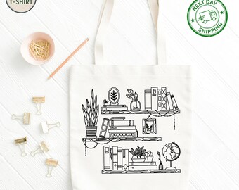 Bookshelf Design Tote Bag, Library Book Lover Canvas Bag