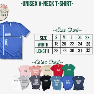 Puede incluir: Tabla de tallas para camiseta unisex de cuello en V con medidas en pulgadas. La tabla muestra las tallas S, M, L, XL y 2XL. La tabla de colores muestra 12 colores diferentes: rosa, malva jaspeado, natural, rojo, verde, blanco, jaspeado atl&eacute;tico, jaspeado gris oscuro, negro, azul verdoso jaspeado, azul real y azul marino jaspeado.