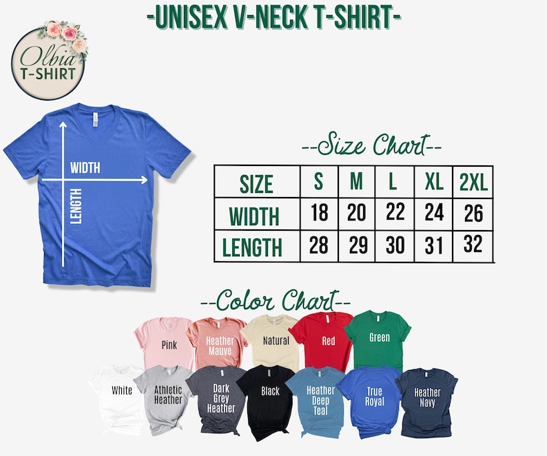 Puede incluir: Tabla de tallas para camiseta unisex de cuello en V con medidas en pulgadas. La tabla muestra las tallas S, M, L, XL y 2XL. La tabla de colores muestra 12 colores diferentes: rosa, malva jaspeado, natural, rojo, verde, blanco, jaspeado atl&eacute;tico, jaspeado gris oscuro, negro, azul verdoso jaspeado, azul real y azul marino jaspeado.