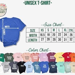 Puede incluir: Tabla de tallas para camiseta unisex con medidas en pulgadas y una tabla de colores que muestra 20 colores diferentes. La tabla incluye colores como verde, blanco, negro, azul, rojo, naranja y amarillo.