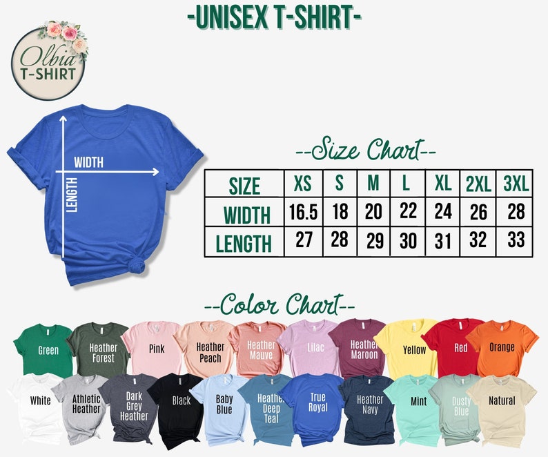 Puede incluir: Tabla de tallas para camiseta unisex con medidas en pulgadas y una tabla de colores que muestra 20 colores diferentes. La tabla incluye colores como verde, blanco, negro, azul, rojo, naranja y amarillo.