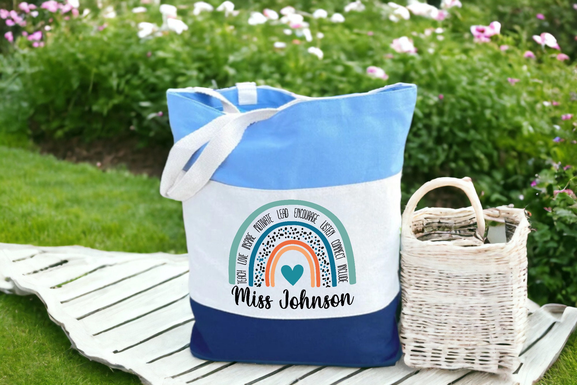 Personalized Teacher Tote Bag, Rainbow Canvas Tri Color Design - Etsy