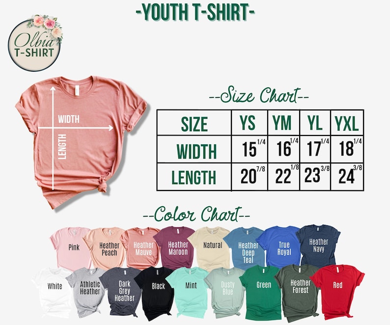 Puede incluir: Tabla de tallas para camisetas para ni&ntilde;os con medidas en pulgadas. La tabla muestra las medidas de ancho y largo para las tallas YS, YM, YL y YXL. La tabla de colores muestra 16 colores diferentes de camisetas.