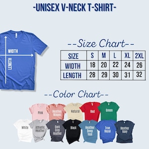 K&ouml;nnte beinhalten: Ein blaues Unisex-V-Ausschnitt-T-Shirt mit einer Gr&ouml;&szlig;entabelle, die Breiten- und L&auml;ngenma&szlig;e in Zoll anzeigt. Die Farbkarte zeigt verschiedene T-Shirt-Farben, darunter Pink, Wei&szlig; und Schwarz.