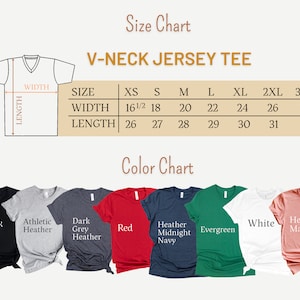 May include: Size chart for V-neck jersey tees in sizes XS to 3XL.  The chart shows width and length measurements in inches.  Color chart shows 10 different colors of tees: black, athletic heather, dark grey heather, red, heather midnight navy, evergreen, white, heather mauve.