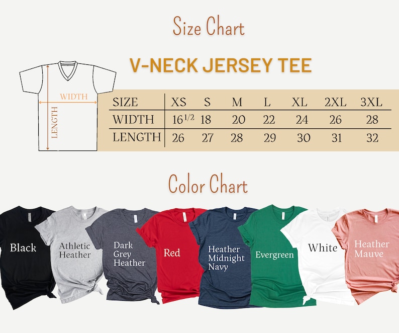 May include: Size chart for V-neck jersey tees in sizes XS to 3XL.  The chart shows width and length measurements in inches.  Color chart shows 10 different colors of tees: black, athletic heather, dark grey heather, red, heather midnight navy, evergreen, white, heather mauve.