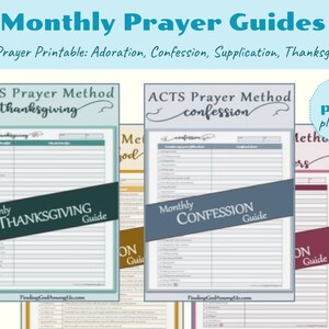 May include: Four printable prayer guides with the title "ACTS Prayer Method" and the words "Thanksgiving", "Confession", "Supplication", and "Adoration". The guides are in blue, green, and pink.