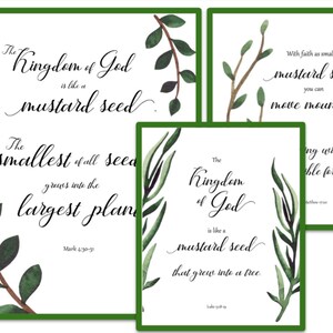Peut inclure: Quatre cartes imprimables avec des feuilles vertes en aquarelle et des citations inspirantes sur la foi et le Royaume de Dieu. Les citations incluent "Le Royaume de Dieu est comme une graine de moutarde", "La plus petite de toutes les graines devient le plus grand plant", "Le Royaume de Dieu est comme une graine de moutarde qui a grandi en un arbre", et "Avec une foi aussi petite qu'une graine de moutarde, vous pouvez déplacer des montagnes."