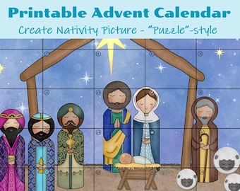 Calendario de Adviento con Belén - Cuenta atrás para Navidad para niños - Estilo "Puzzle" (Producto digital)