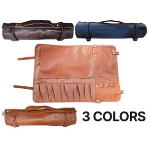Modusso 100% Leather Handcrafted Professional Chef Knife Storage Roll Bag - 10 slots and zippered pocket