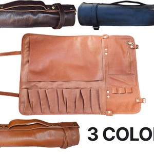 Modusso 100% Floather Leather Handcrafted Professional Chef Knife Storage Roll Bag - 10 slots and zippered pocket