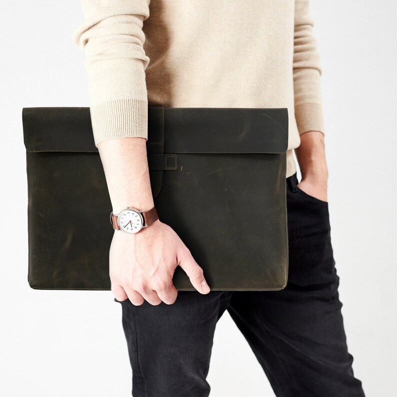 Green Leather Laptop Sleeve Case, Leather Gifts , Leather Laptop Sleeve