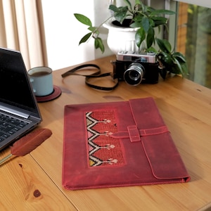 Embrace the Charm of Handcrafted Leather - Red MacBook Sleeve Case with Antique Rug Design - Fits 13&#39;&#39;/14&#39;&#39; Models, MacBook Air, MacBook Pro