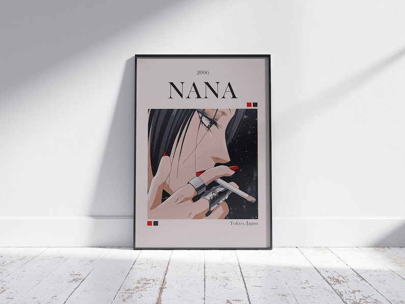 May include: A black and white poster with a drawing of a woman with dark hair and red lipstick smoking a cigarette. The poster has the text "2006 NANA Tokyo, Japan" on it.