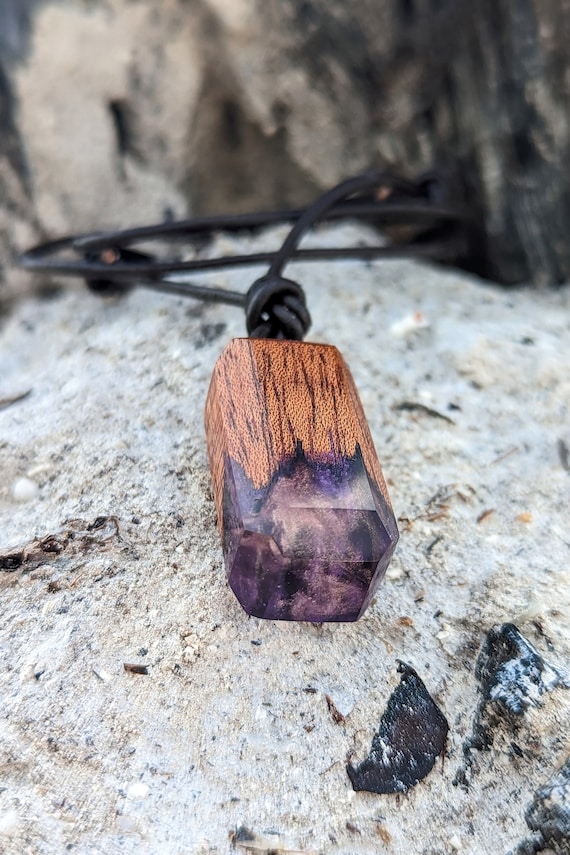 Purple Hypnotic Pendant - Nature Inspired Jewelry - Summer Festival Pendant - Psychedelic Necklace - Wood Resin Jewelry - Hippie Pendant