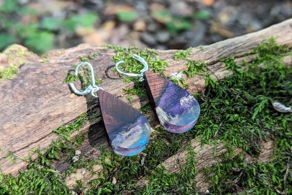 Purple Redwood Earrings - Psychedelic Jewelry - Nature Inspired Wearable Art - Functional Art - Wood and Resin Jewelry - Nature Inspired