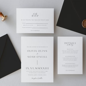 Minimalist Wedding Invitation Set Template, Editable Modern Wedding Invitation Suite, Simple Black and White, Printable Roman Numeral Invite