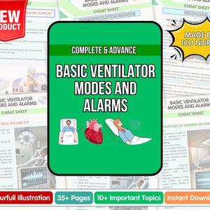 May include: A green and white cheat sheet with the title "Complete & Advance Basic Ventilator Modes and Alarms" and the text "Made by ICU Nurse". The cheat sheet includes illustrations of a heart, a patient in a hospital bed, and a ventilator.