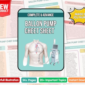 Puede incluir: Una hoja de referencia médica titulada "BALLON PUMP CHEET SHEET" con un diagrama de un torso humano y equipo médico. La hoja está etiquetada como "COMPLETE & ADVANCE" e incluye el texto "MADE BY ICU NURSE".
