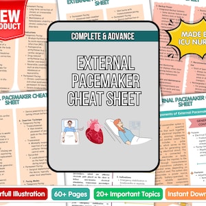 May include: A medical cheat sheet titled "External Pacemaker Cheat Sheet" with colorful illustrations, diagrams, and text. The document is labeled "Complete & Advance" and "Made by ICU Nurse". It includes information on pacing modes and device components.
