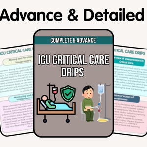 May include: An illustration for ICU Critical Care Drips. The image features a central graphic with the text "ICU Critical Care Drips" and supporting medical diagrams. The image includes the text "Advance & Detailed" at the top.