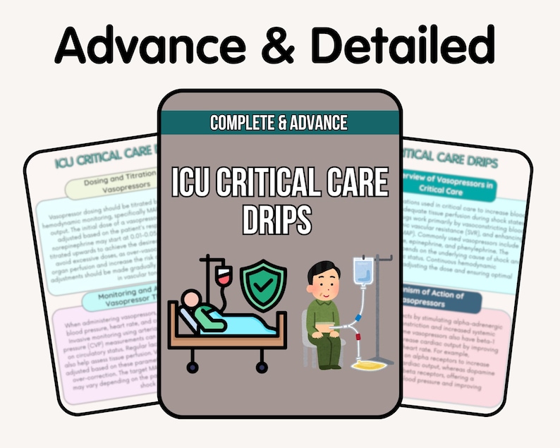 May include: An illustration for ICU Critical Care Drips. The image features a central graphic with the text "ICU Critical Care Drips" and supporting medical diagrams. The image includes the text "Advance & Detailed" at the top.
