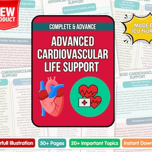 May include: An educational resource on "Advanced Cardiovascular Life Support" with a red and black cover. The cover displays a heart illustration and the text "Complete & Advance." It also states "50+ Pages" and "20+ Important Topics."