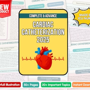 Op de afbeelding: Een medische educatieve bron getiteld "CARDIAC CATHETERIZATION 2025" met een kleurrijke illustratie van een hart. De bron bevat 50+ pagina's en 20+ belangrijke onderwerpen. De tekst "MADE BY ICU NURSE" is ook zichtbaar.