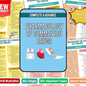 May include: A medical reference guide titled "Pharmacology of Common ICU Drugs" with colorful illustrations. The guide includes information on various drugs, with the text "Made by ICU Nurse" and "New Product".