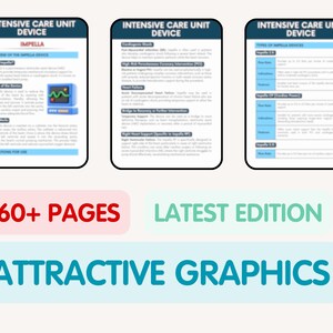 Puede incluir: Tres p&aacute;ginas de un libro de texto m&eacute;dico con el t&iacute;tulo "Intensive Care Unit Device" y la palabra "Impella" en un cuadro azul. El texto est&aacute; en blanco y negro. Las p&aacute;ginas est&aacute;n sobre un fondo blanco. La parte inferior de la imagen muestra tres cuadros de texto con las palabras "60+ P&aacute;ginas", "&Uacute;ltima edici&oacute;n" y "Gr&aacute;ficos atractivos".