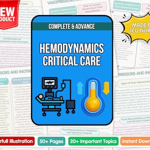 May include: A medical reference guide titled "Hemodynamics Critical Care" with a blue cover. The guide features illustrations of medical equipment and a thermometer. Text includes "Complete & Advance," "Made by ICU Nurse," and "Instant Downloads."