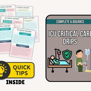 May include: A collection of educational materials titled "ICU Critical Care Drips." The image includes several pages with detailed text and diagrams, along with a graphic depicting medical care. A yellow banner reads "Quick Tips Inside."
