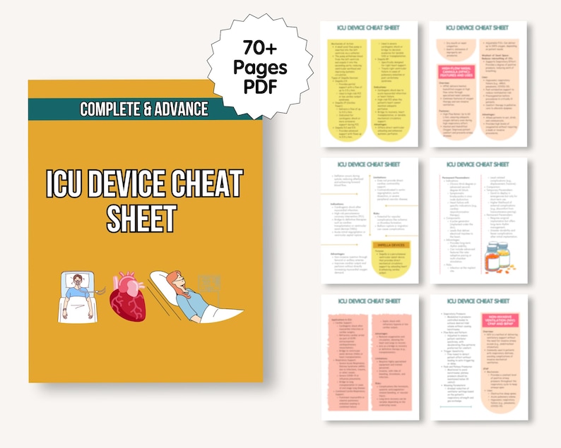May include: A digital PDF titled "ICU Device Cheat Sheet" with the text "Complete & Advance." The cover is mustard yellow with illustrations of medical devices and a heart. The listing includes multiple pages of medical information.