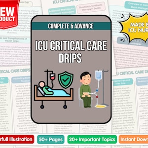 Peut inclure: Illustration médicale intitulée "ICU Critical Care Drips" avec un patient recevant une perfusion intraveineuse. L'image comprend du texte sur les perfusions d'insuline et est présentée comme un nouveau produit.
