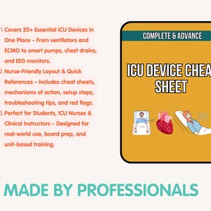 May include: An ICU Device Cheat Sheet with the text "COMPLETE & ADVANCE" at the top. The sheet includes illustrations of medical equipment and patients. The text on the sheet describes the devices and their uses.