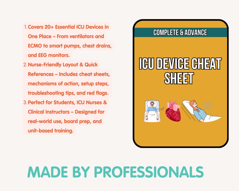 May include: An ICU Device Cheat Sheet with the text "COMPLETE & ADVANCE" at the top. The sheet includes illustrations of medical equipment and patients. The text on the sheet describes the devices and their uses.