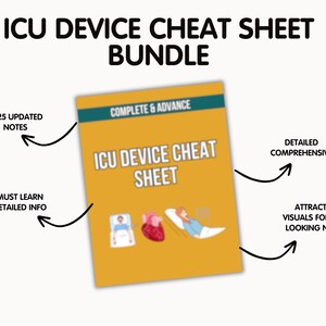 May include: A bundle of ICU Device Cheat Sheets with the title "ICU DEVICE CHEAT SHEET BUNDLE". The cover is yellow with the title "ICU DEVICE CHEAT SHEET" and the words "COMPLETE & ADVANCE". The image includes illustrations and text such as "2025 UPDATED NOTES".